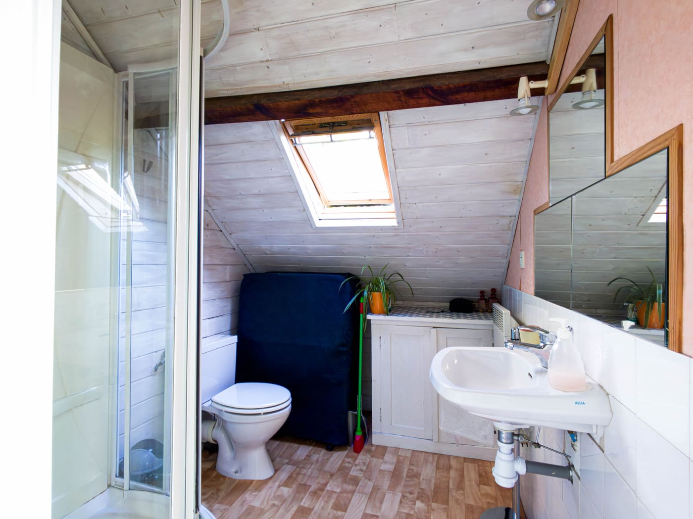 Barge : salle d’eau sous les poutres, avec douche, lavabo et WC